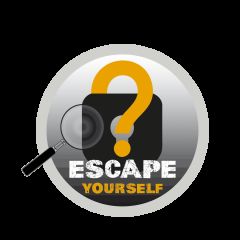 Logo d'Escape Yourself, escape game à Narbonne : cadenas orange à point d'interrogation et loupe sur fond blanc