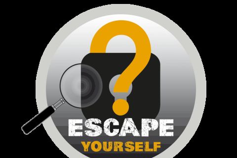 Logo d'Escape Yourself, escape game à Narbonne : cadenas orange à point d'interrogation et loupe sur fond blanc