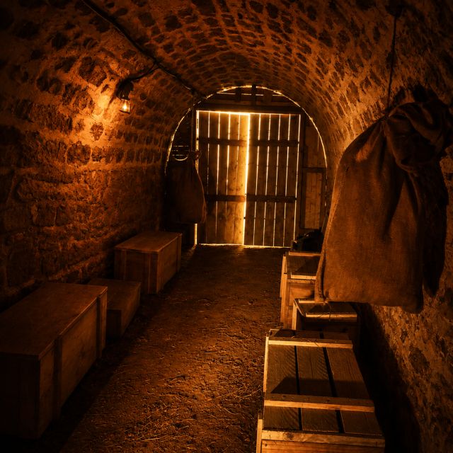 Tunnel souterrain voûté en pierre, malles en bois, porte barricadée, éclairage orange chaud