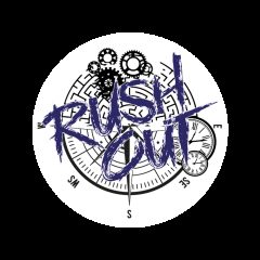 Logo de Rush Out, escape game à Béthune, avec engrenages, cadrans et motifs géométriques