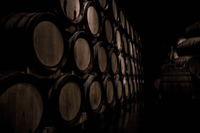 Tonneaux de bois alignés dans une cave sombre, ambiance vinicole chez Studio Riddle à Reims