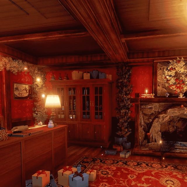Salon de chalet rouge et bois avec cheminée en pierre, cadeaux et grand écran, salle Christmas chez Inoui VR