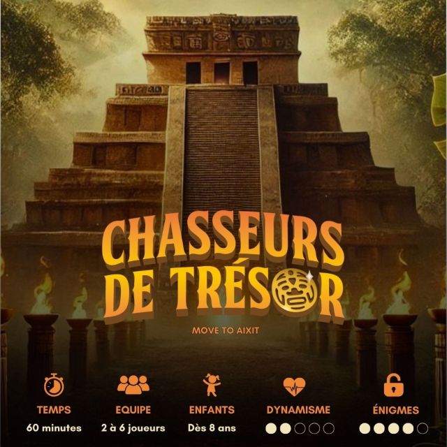 Pyramide maya et titre Chasseurs de trésor, indicateurs de difficulté en bas, salle chez Move To Aixit à Aix-en-Provence