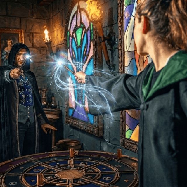Deux personnages en robe de sorcier face à face, un éclat bleu entre eux, salle Le sorcier maudit chez BlackOut Room