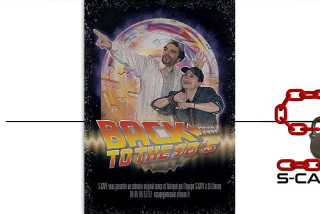 Affiche Back to the 90's, deux hommes devant un ciel lumineux, avec logo S-Cape à chaîne rouge, Saint-Étienne