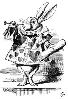 Personnage fantastique aux longues oreilles jonglant avec des objets surréalistes, illustration de Lewis Carroll