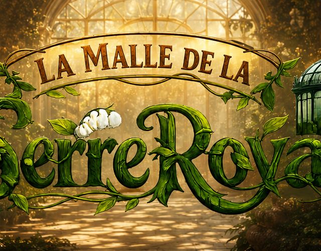 Titre La Malle de la Serre Royale en lettres végétales devant une verrière dorée