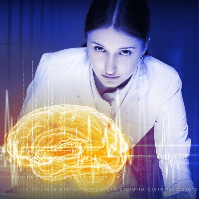 Femme en blazer clair penchée sur un cerveau doré lumineux et tracé cardiaque, enseigne Link Escape Game à Paris