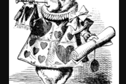 Gravure en noir et blanc d'un lapin blanc en habit à cœurs soufflant dans une trompette, salle chez Escape Yourself à Lanester