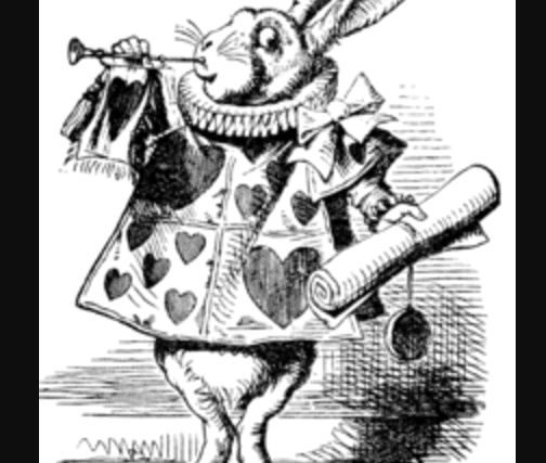 Gravure en noir et blanc d'un lapin blanc en habit à cœurs soufflant dans une trompette, salle chez Escape Yourself à Lanester