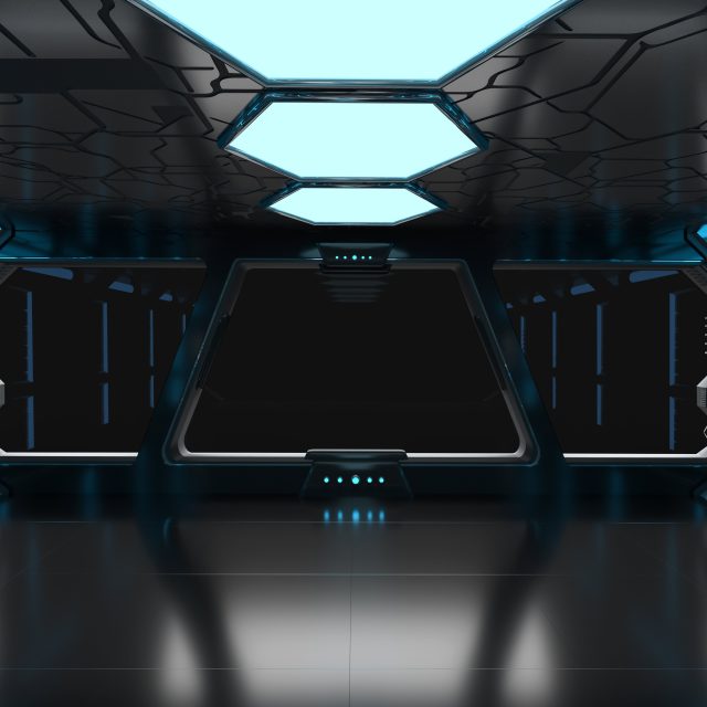 Grande salle de vaisseau spatial vide aux néons bleus, enseigne Virtuoz Escape à Mérignac