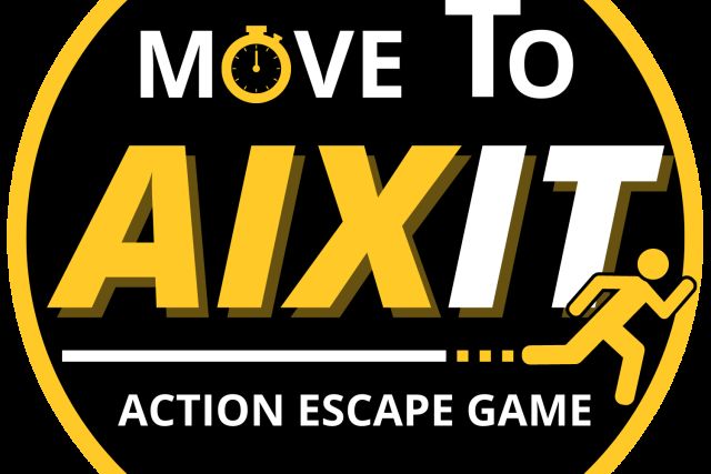 Logo de Move To Aixit, action escape game à Aix-en-Provence : disque noir et jaune avec chronomètre et personnage qui court