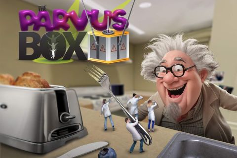 Affiche The Parvus Box : savant hilare et personnages miniatures sur un plan de cuisine