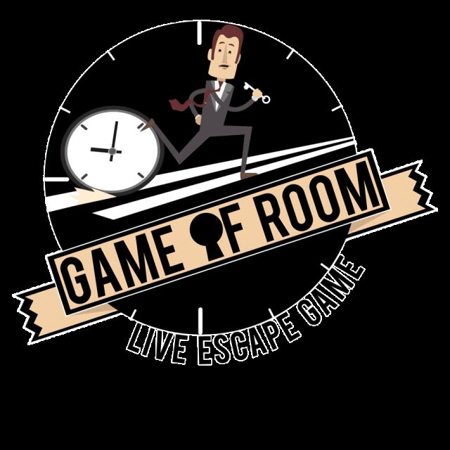 Logo rond Game of Room avec cadran d'horloge, silhouette qui court et ruban beige, enseigne de Villeurbanne