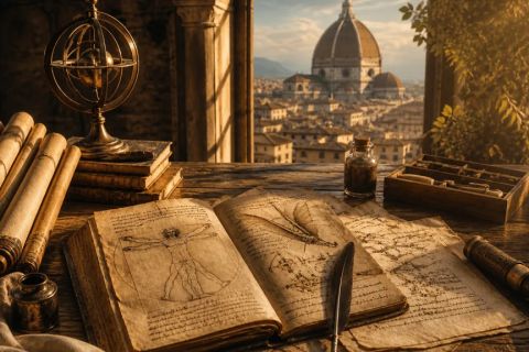 Parchemins, livres de croquis et sphère armillaire devant une vue de Florence, salle Le dernier codex chez Le Kraken