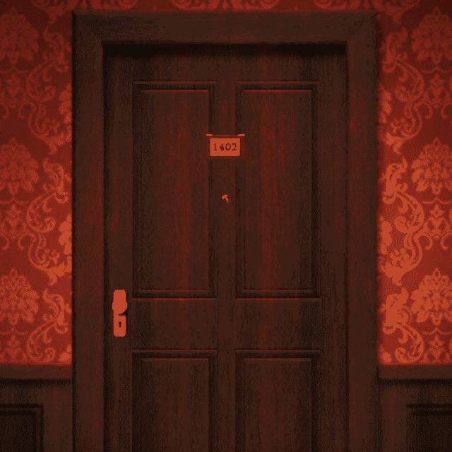Porte numérotée 1402 sur papier peint rouge damassé dans la salle La Chambre 1402