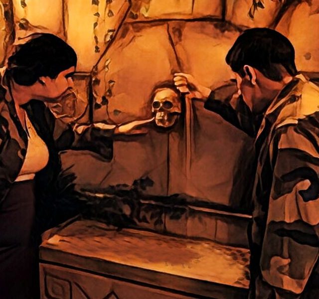 Deux joueurs penchés sur une pierre sculptée dans un décor de temple, salle Les derniers aventuriers du temple perdu, Mission Exit