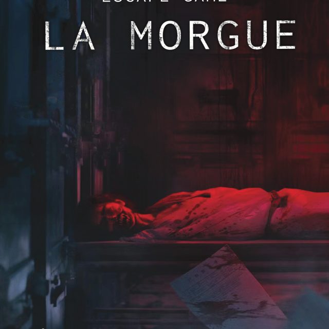 Affiche Escape game La Morgue avec logo Rashomon, corps étendu dans une pénombre rouge et bleue, Paris