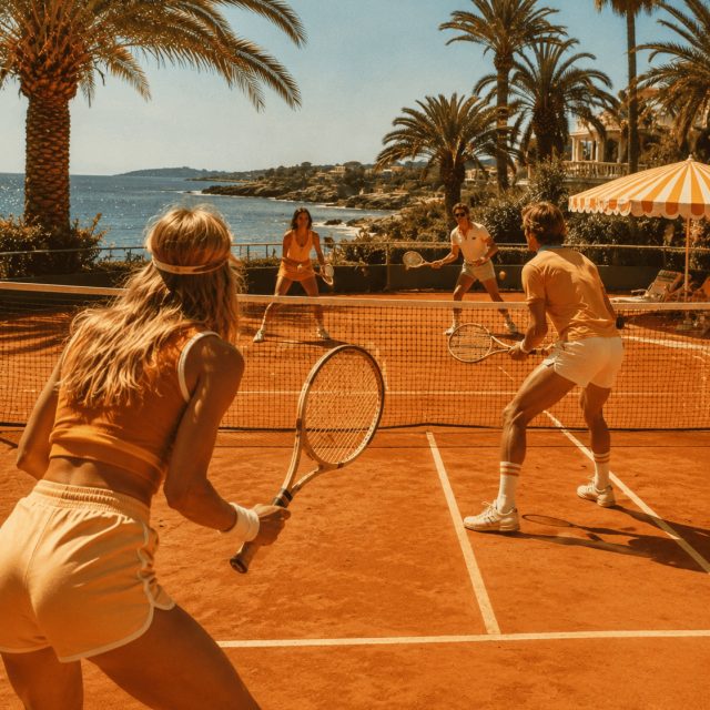 Deux joueuses de tennis sur une terre battue ocre entourée de palmiers, salle Glacière Apéro chez Smart Escape Game