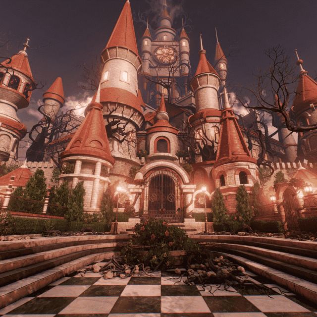 Château aux tourelles rouges au bout d'un sol en damier, ciel rosé, décor virtuel de la salle Alice chez Inoui VR