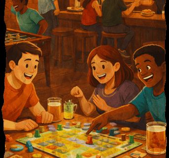 Joueurs attablés autour d'un jeu de plateau dans un bar, dessin coloré, enseigne Zone 404 à Offin