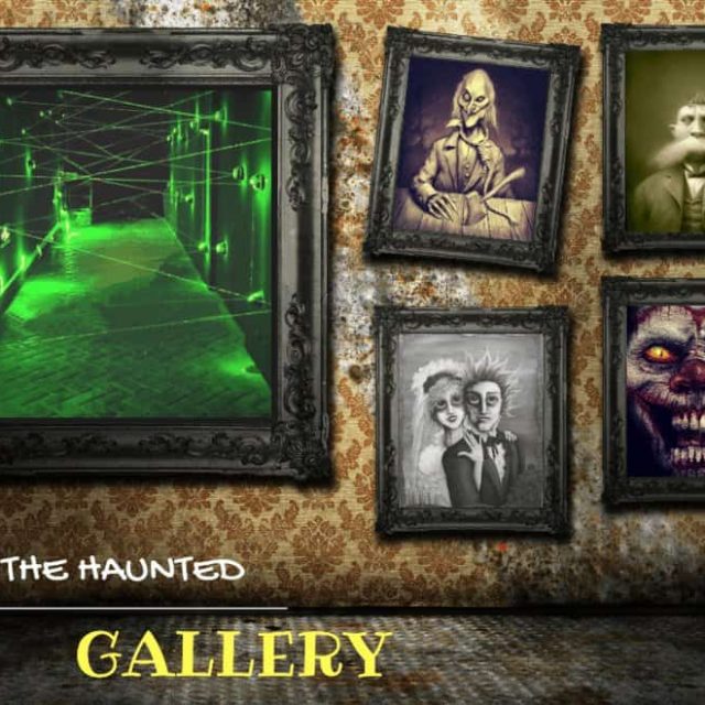 Galerie aux murs vieillis, cadres noirs avec portraits effrayants et écran vert luminescent
