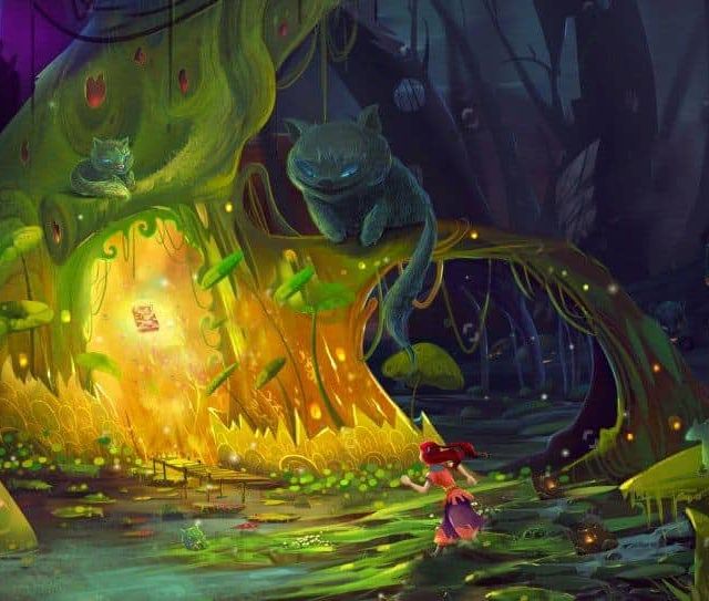 Sentier lumineux d'une forêt fantastique et chat souriant en haut d'un arbre, salle Crazy chez Crazy Rooms à Saint-Laurent-du-Var