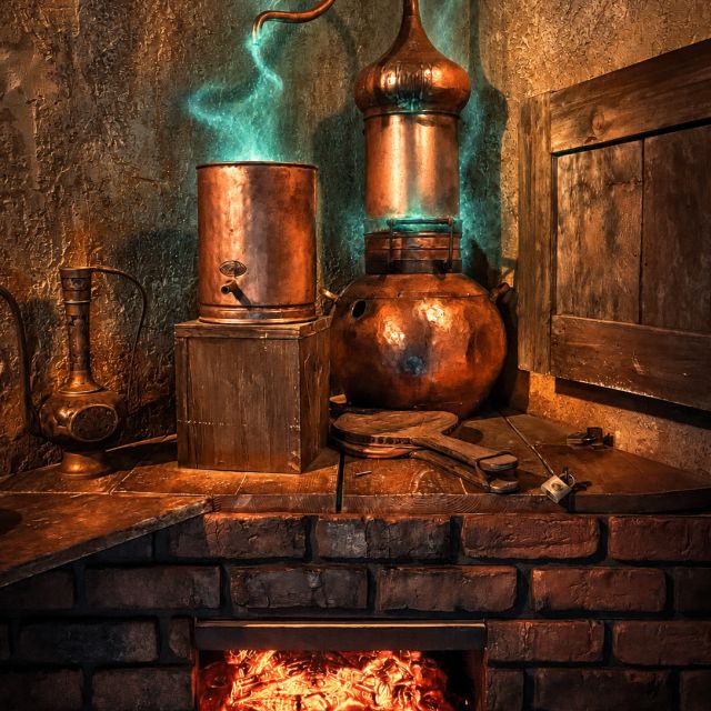 Alambics en cuivre et accessoires d'époque dans un décor de taverne western rouillée