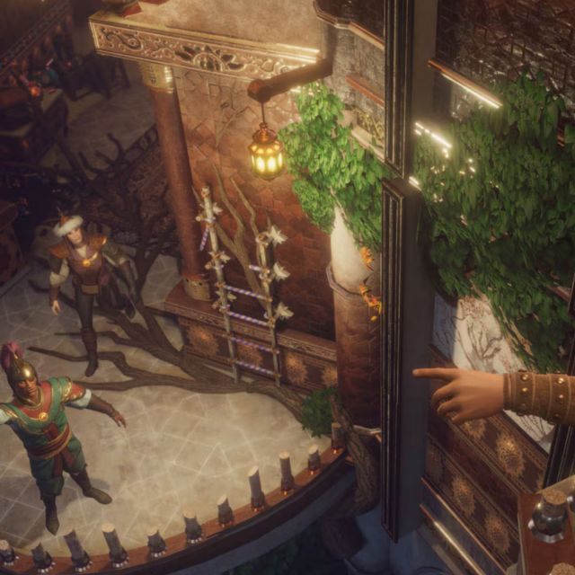 Personnage en turban pointant du doigt un homme sur une terrasse végétalisée, salle Prince of Persia chez Inoui VR