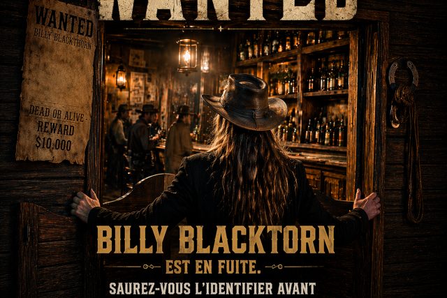 Affiche Wanted : saloon de l'Ouest éclairé et silhouette de cow-boy de dos, salle chez Black Owl au Puy-en-Velay