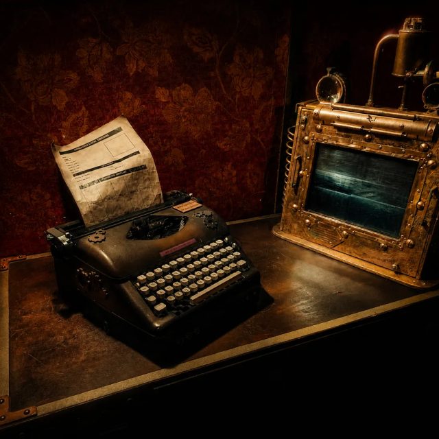 Machine à écrire ancienne et petit écran dans un cadre doré sur un bureau, salle Le retour de Sherlock Holmes chez Freeing à Osny