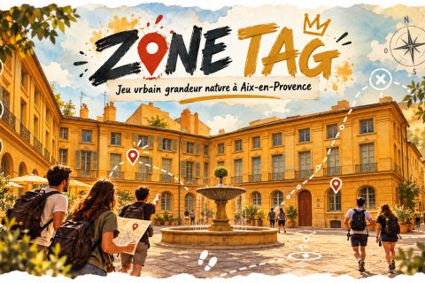 Joueurs en quête urbaine dans la vieille ville ocre d'Aix-en-Provence, Logo de Zone Tag chez Adventure City