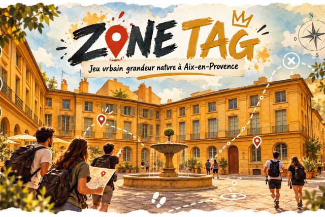 Joueurs en quête urbaine dans la vieille ville ocre d'Aix-en-Provence, Logo de Zone Tag chez Adventure City