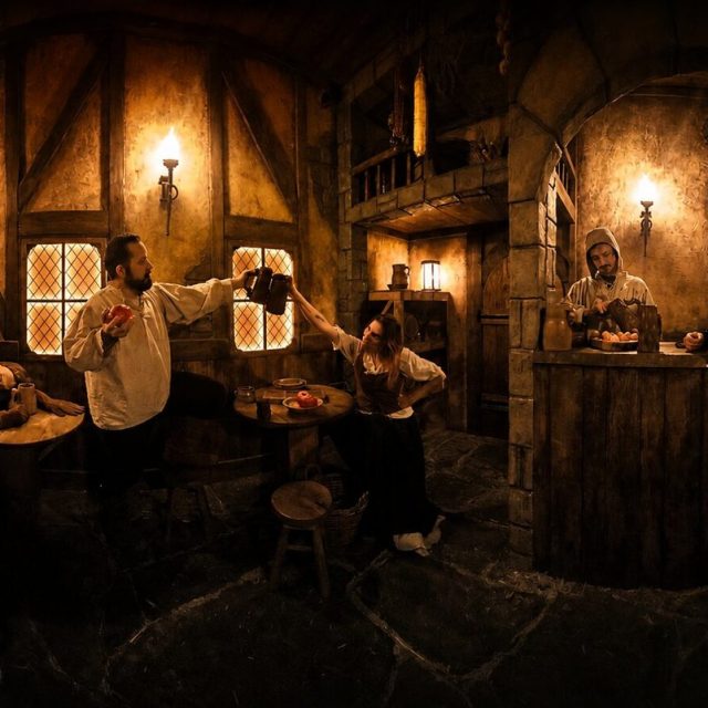 Taverne médiévale éclairée à la bougie, personnages en costume attablés, salle L'héritage des Templiers chez ClockWise