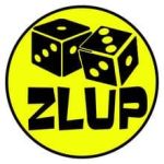 Logo ZLUP : deux dés noirs sur disque jaune, escape game à Trignac