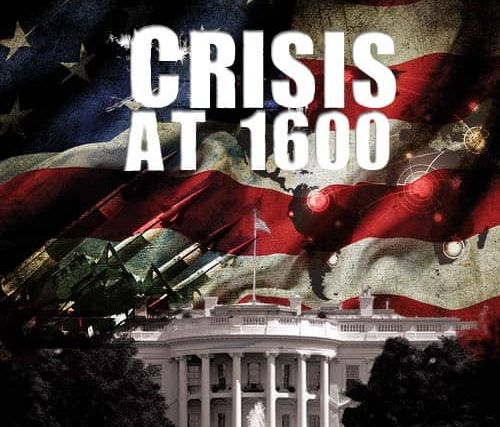 Affiche Crisis at 1600 : drapeau américain flottant au-dessus de la Maison Blanche, salle d'America's Escape Game