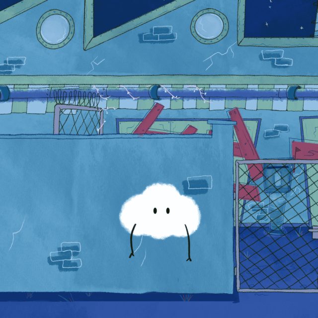 Un petit nuage blanc souriant flottant dans une piscine inondée, chez A Maze In