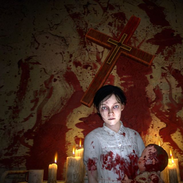 Jeune fille tachée de sang devant une croix et des bougies, salle House of Fear Call of Blood chez Inoui VR