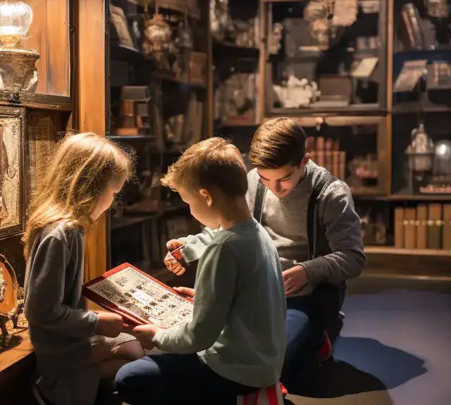 Deux enfants et un adulte examinant un objet dans un cabinet de curiosités, La Sentinelle