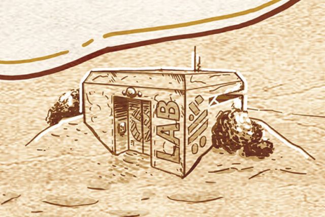 Dessin d'un bâtiment de laboratoire marqué LAB dans un paysage sableux, salle Halpertyne Science Systems chez Dead End