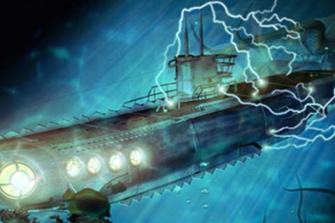 Sous-marin illuminé dans les abysses, éclairs bleus, décor aquatique de 20 000 Lieues sous les mers chez Way Out à Lyon