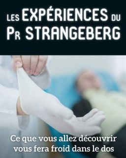 Affiche Les expériences du Pr Strangeberg, mains gantées sur fond bleu, salle chez Evasion game à Fougères