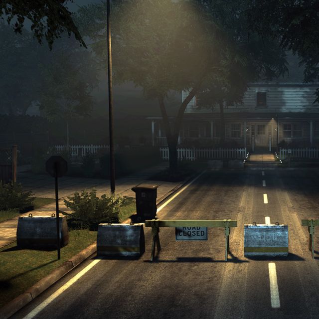 Rue de nuit éclairée par un lampadaire, barrières devant une maison, jeu House of Fear Cursed Souls chez Inoui VR à Lille