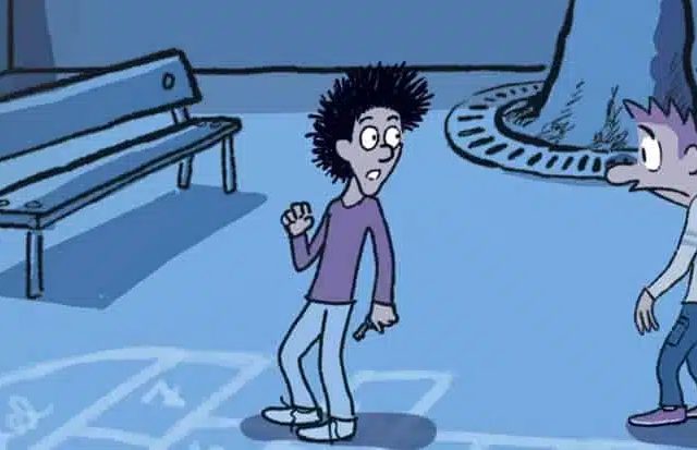Dessin de deux garçons près d'un banc et d'une marelle, scène animée bleue, Anatole Latuile chez John Doe