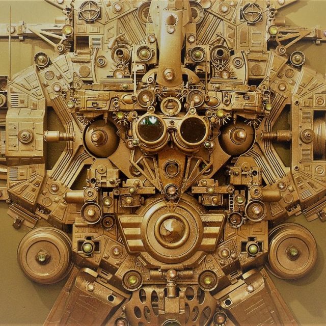 Assemblage mécanique doré et symétrique, moteurs et engrenages steampunk