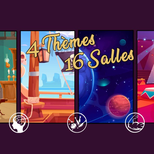 Bandeau violet présentant quatre thèmes et seize salles en illustrations colorées, Échappe Toi Si Tu Peux, salle L'Odyssée