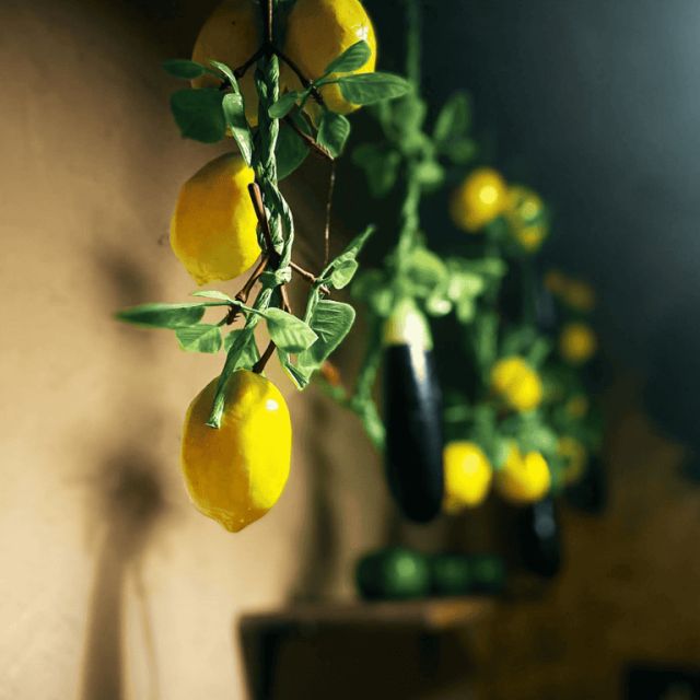 Branche de citronnier aux fruits jaunes devant un mur crème, salle Le pouvoir de l'anneau chez One O'Clock