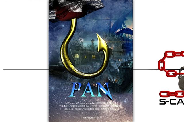 Affiche Pan montrant un crochet doré, un château gothique et un univers fantastique pirate