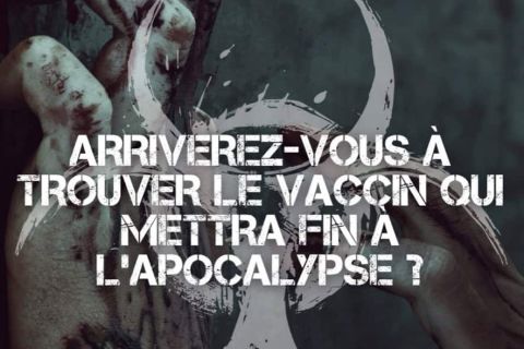 Affiche Z-Apocalypse sur fond sombre biologique avec question sur le vaccin, salle chez Mille et Un Jeux à Trévenans