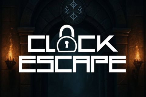Logo de Clock Escape, cadenas blanc sur porte de temple en pierre sombre